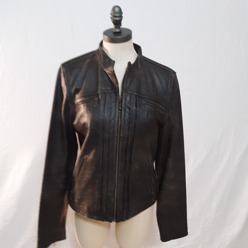Leather waist jacket, brown with 4 front zip pocke